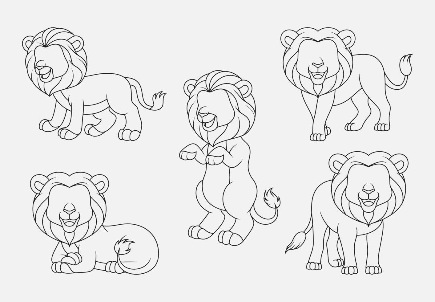 colección de líneas finas de león de dibujos animados aislado sobre fondo blanco vector
