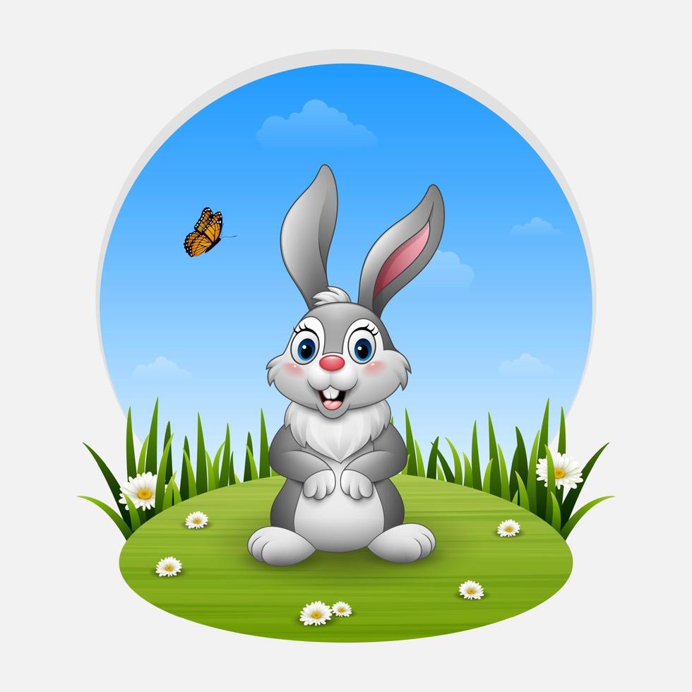 Cartoon happy rabbit standing on the grass vector