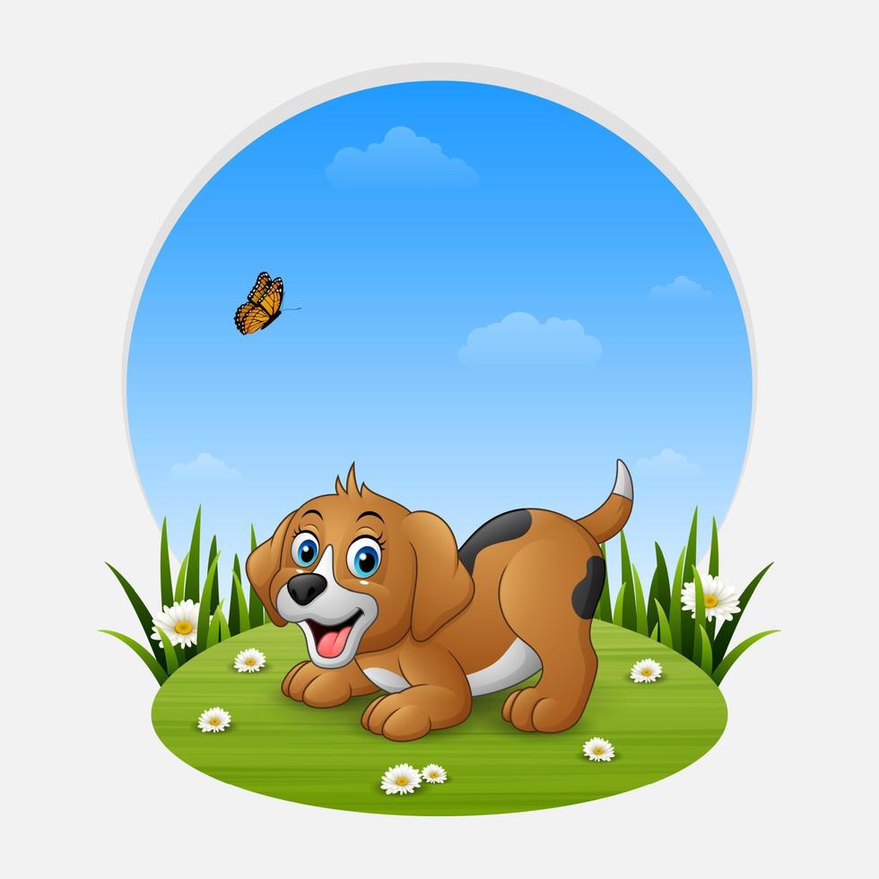 perro feliz de dibujos animados en la hierba vector