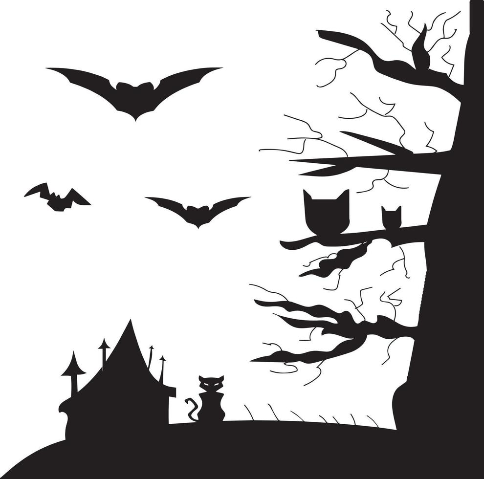 Night view over a haunted house in a Halloween enviroment . In the vector we can find as well some bats , a cat and more specific Halloween elements