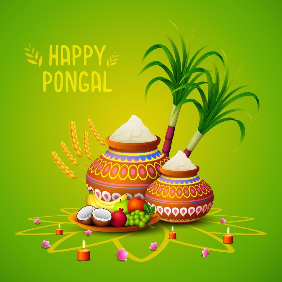 Happy Pongal greeting card on green background vector