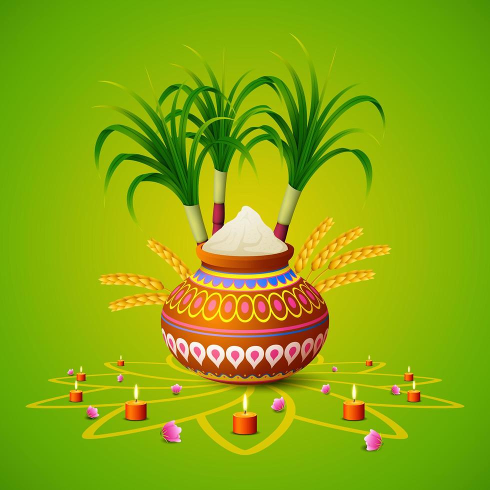 feliz tarjeta de felicitación pongal sobre fondo verde vector