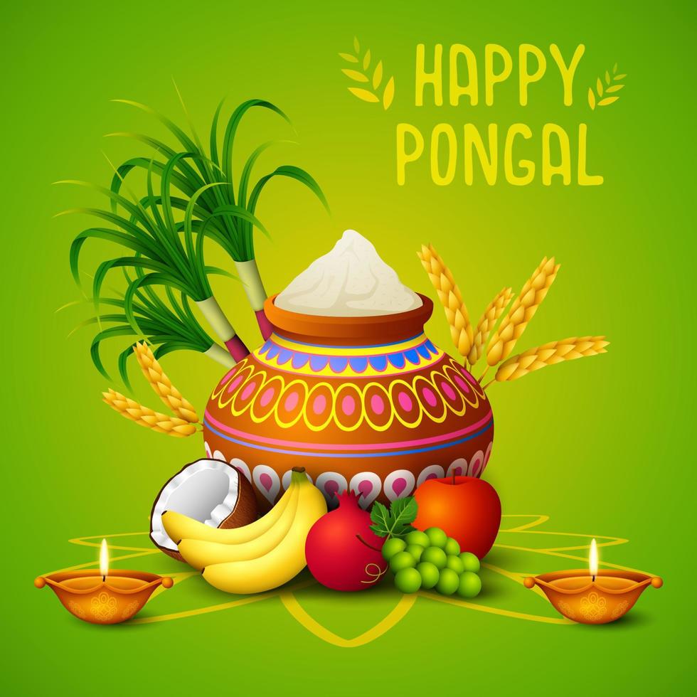 feliz tarjeta de felicitación pongal sobre fondo verde vector