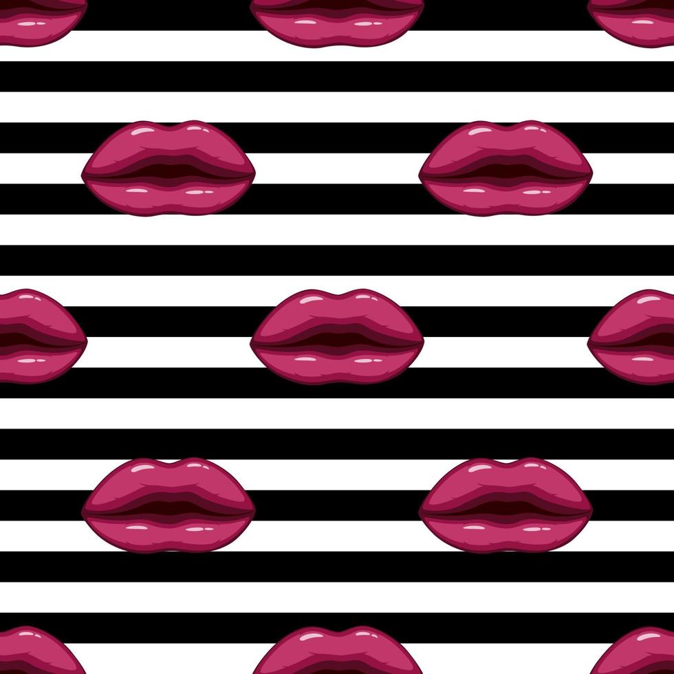 Seamless pattern pink lips on striped background vector