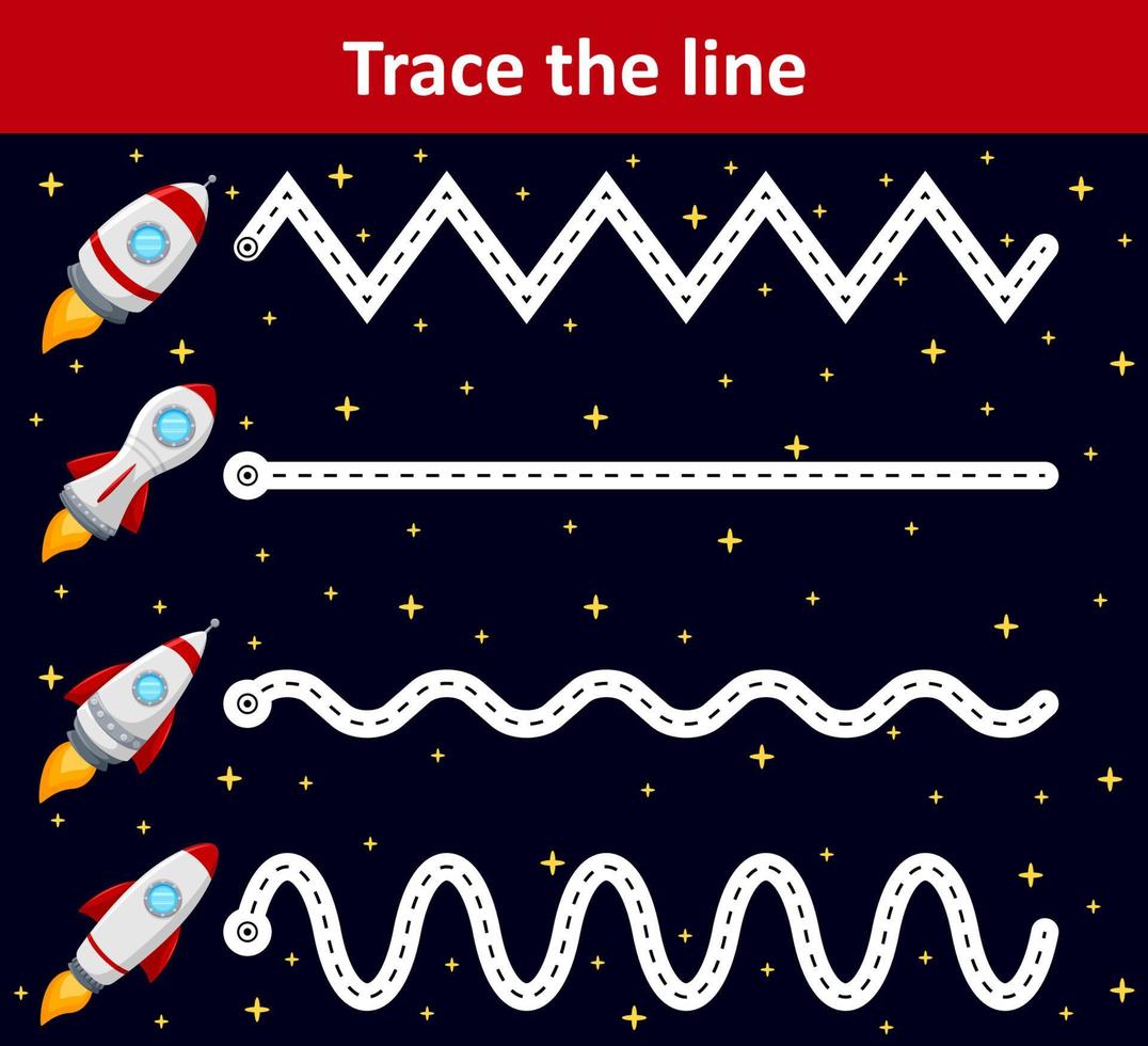 Trace line worksheet for preschool kids with rockets vector