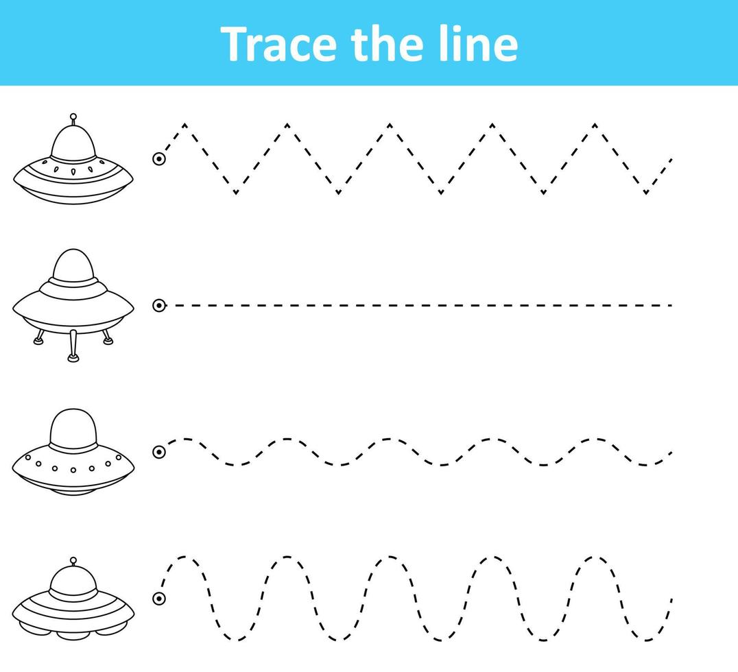Trace line worksheet for preschool kids with spaceship vector