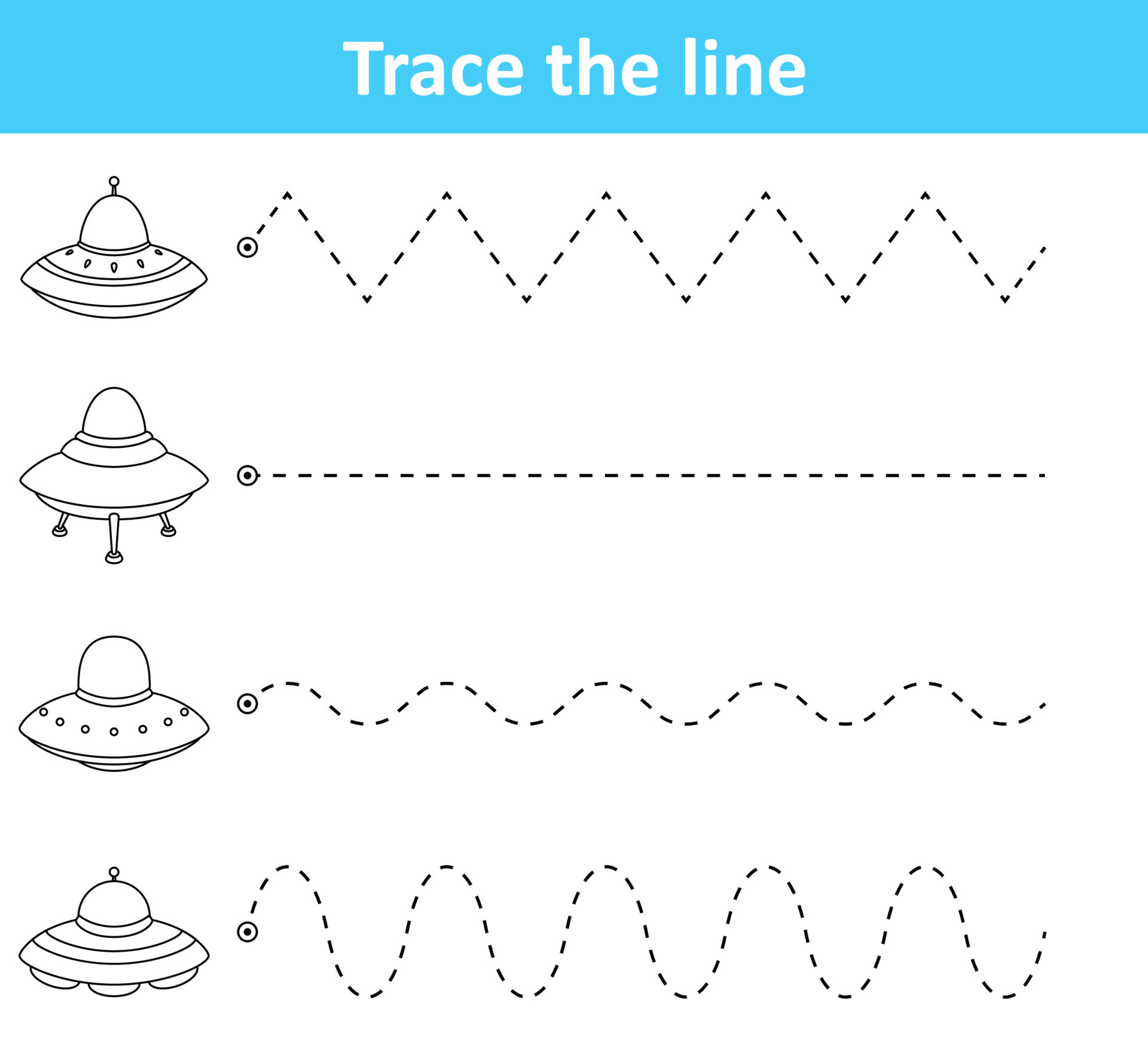 Trace line worksheet for preschool kids with spaceship 12027683 Vector