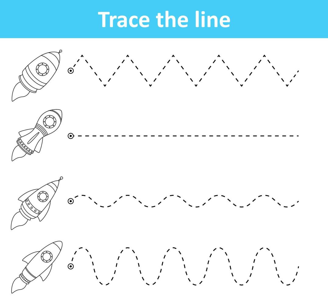 Trace line worksheet for preschool kids with rockets vector