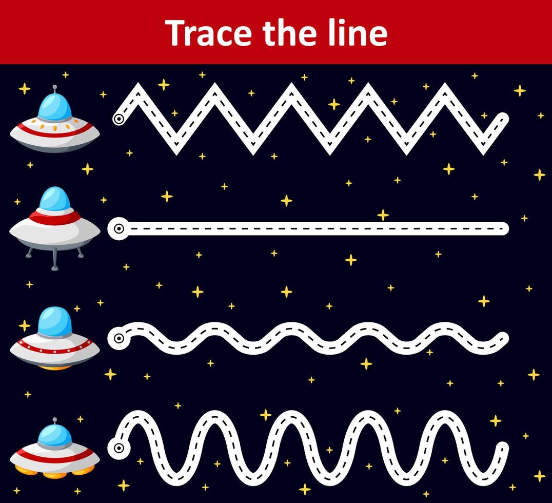 Trace line worksheet for preschool kids with spaceship vector