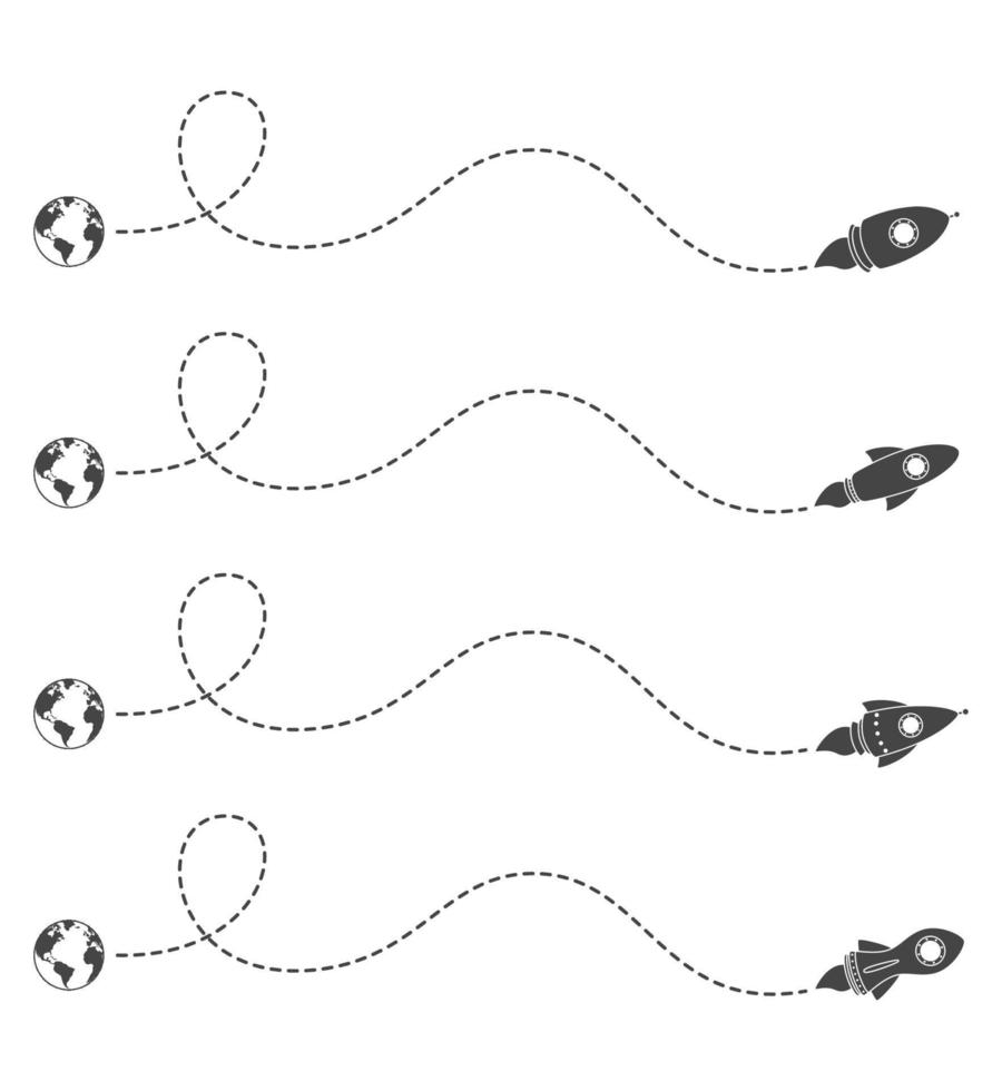 Flying rocket with a dotted line route vector