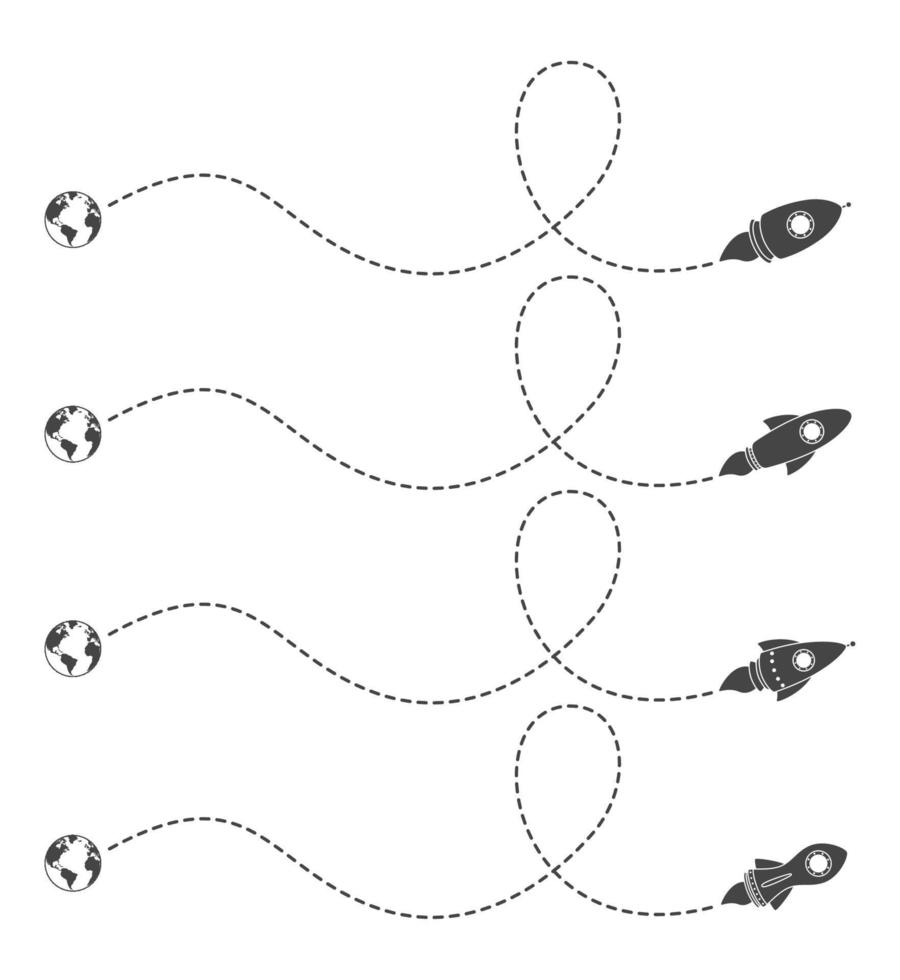 Flying rocket with a dotted line route vector
