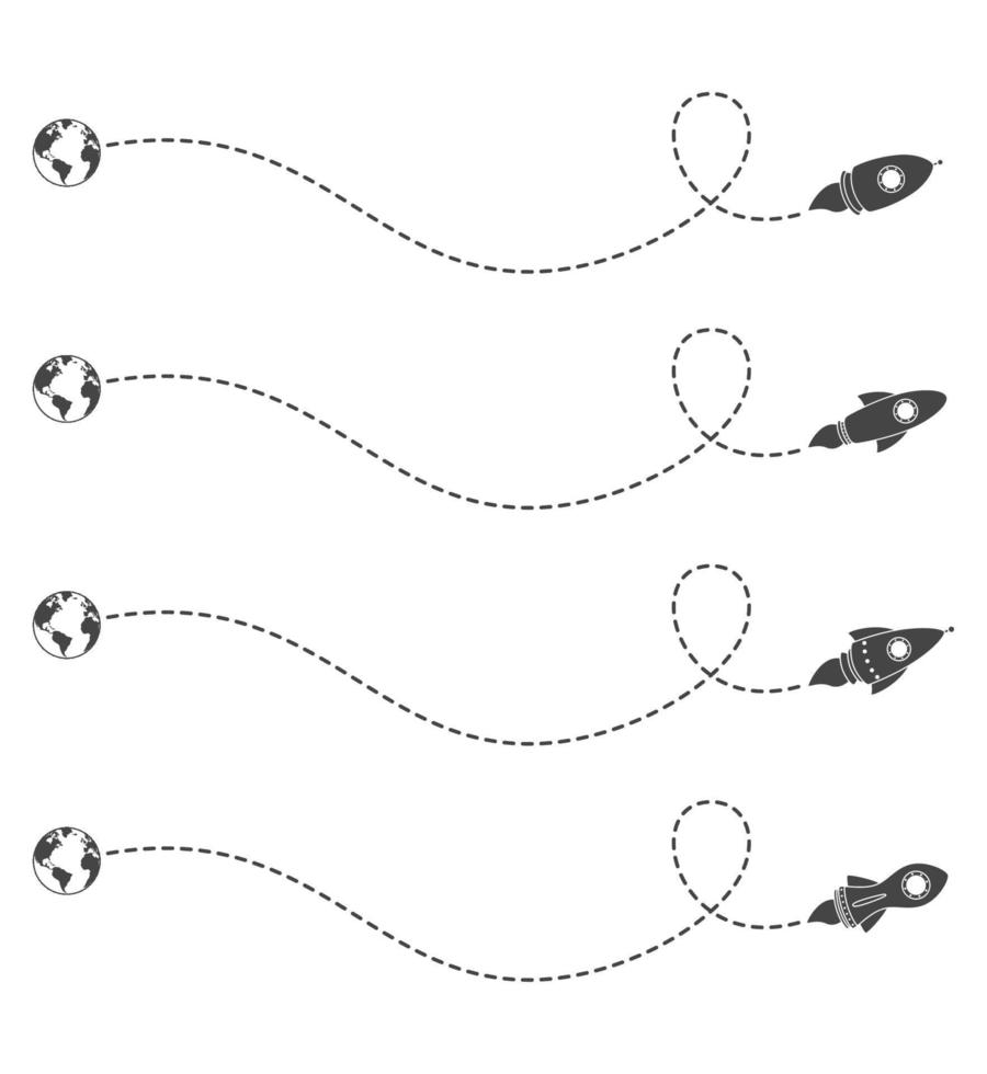 Flying rocket with a dotted line route vector