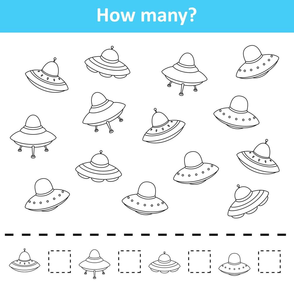 Counting game for preschool children. Count how many spaceship objects vector