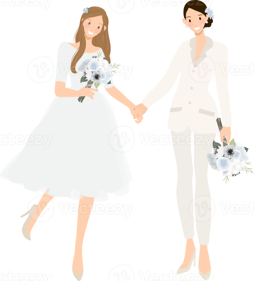 pareja de bodas lesbianas con pantalones de traje blanco y vestido de novia tomándose de la mano png