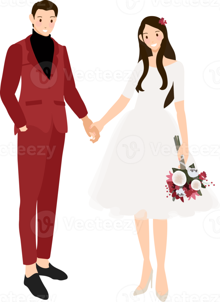 couple de mariage main dans la main en costume rouge décontracté et robe style plat png