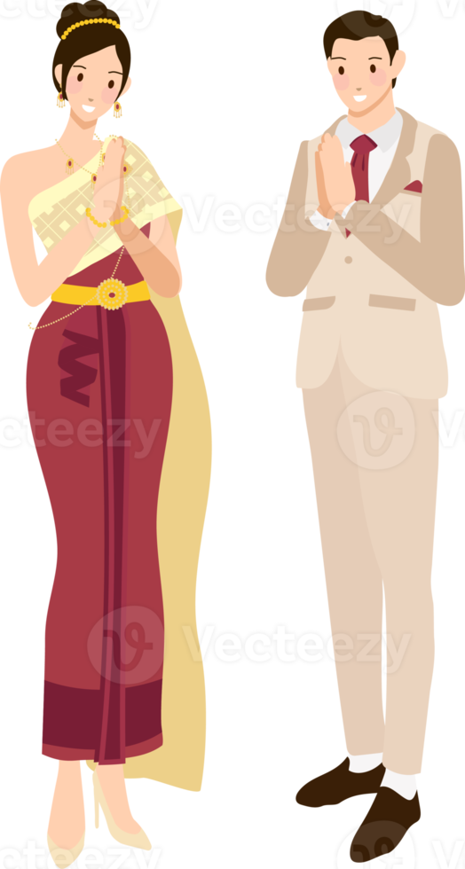 Thai wedding couple greeting in traditional light creme khaki suit and red golden dress png