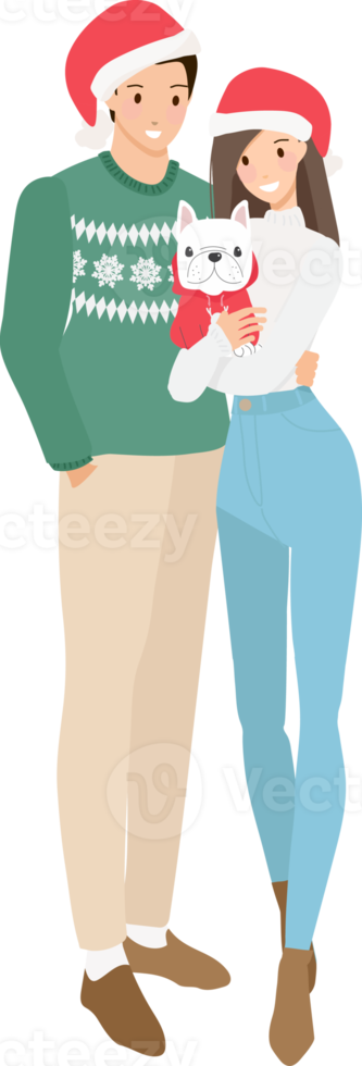 cute happy young couple in Christmas sweater costume with dog  flat style png