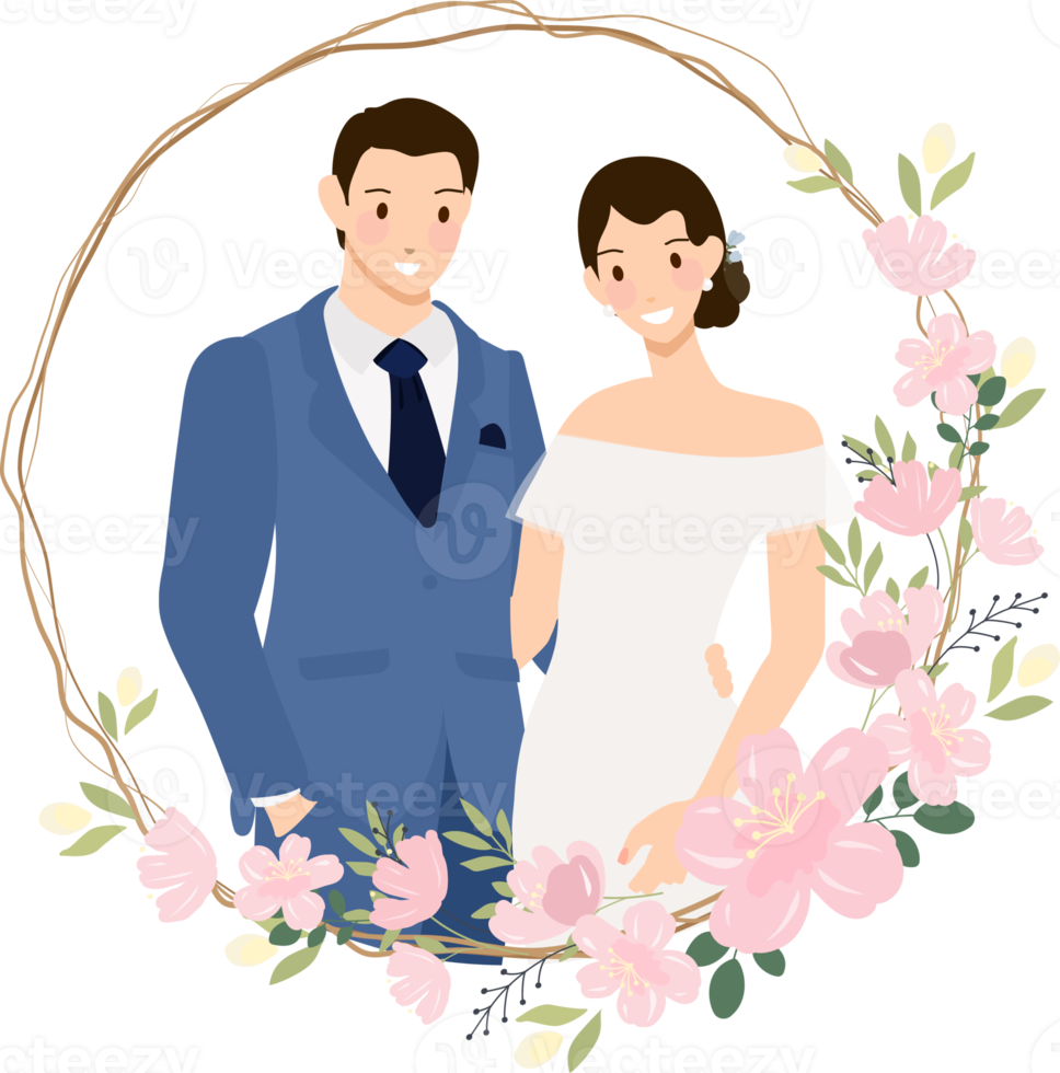 cute young wedding couple in blue suit in cherry blossom wreath flat style png