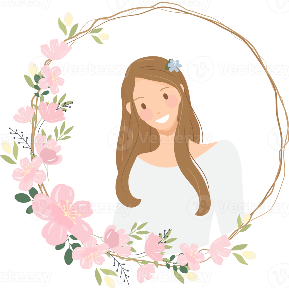 cute cartoon young wedding couple wreath logo in cherry blossom wreath png