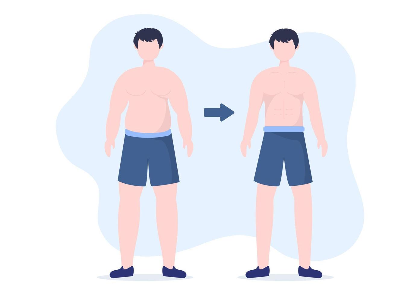plantilla de pérdida de peso ilustración plana de dibujos animados dibujados a mano de personas con sobrepeso haciendo ejercicio, entrenando y planificando una dieta para un cuerpo delgado vector