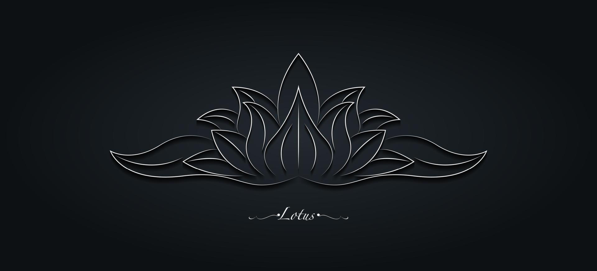 White Sacred Lotus flower, stylized floral ornament, line art logo design. Flower blossom symbol of yoga, spa, beauty salon, cosmetics, relax, brand style. Vector isolated on black background