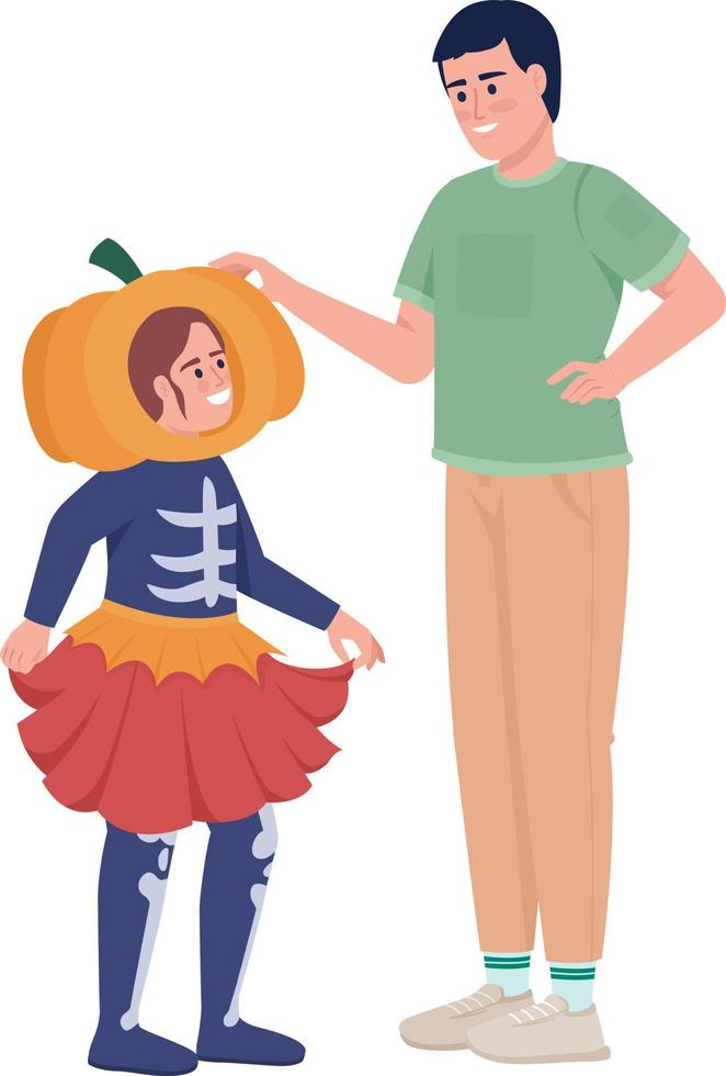 niña con papá eligiendo disfraces para personajes vectoriales de color semiplano de halloween. figuras editables. personas de cuerpo completo en blanco. ilustración de estilo de dibujos animados simple para diseño gráfico web y animación vector