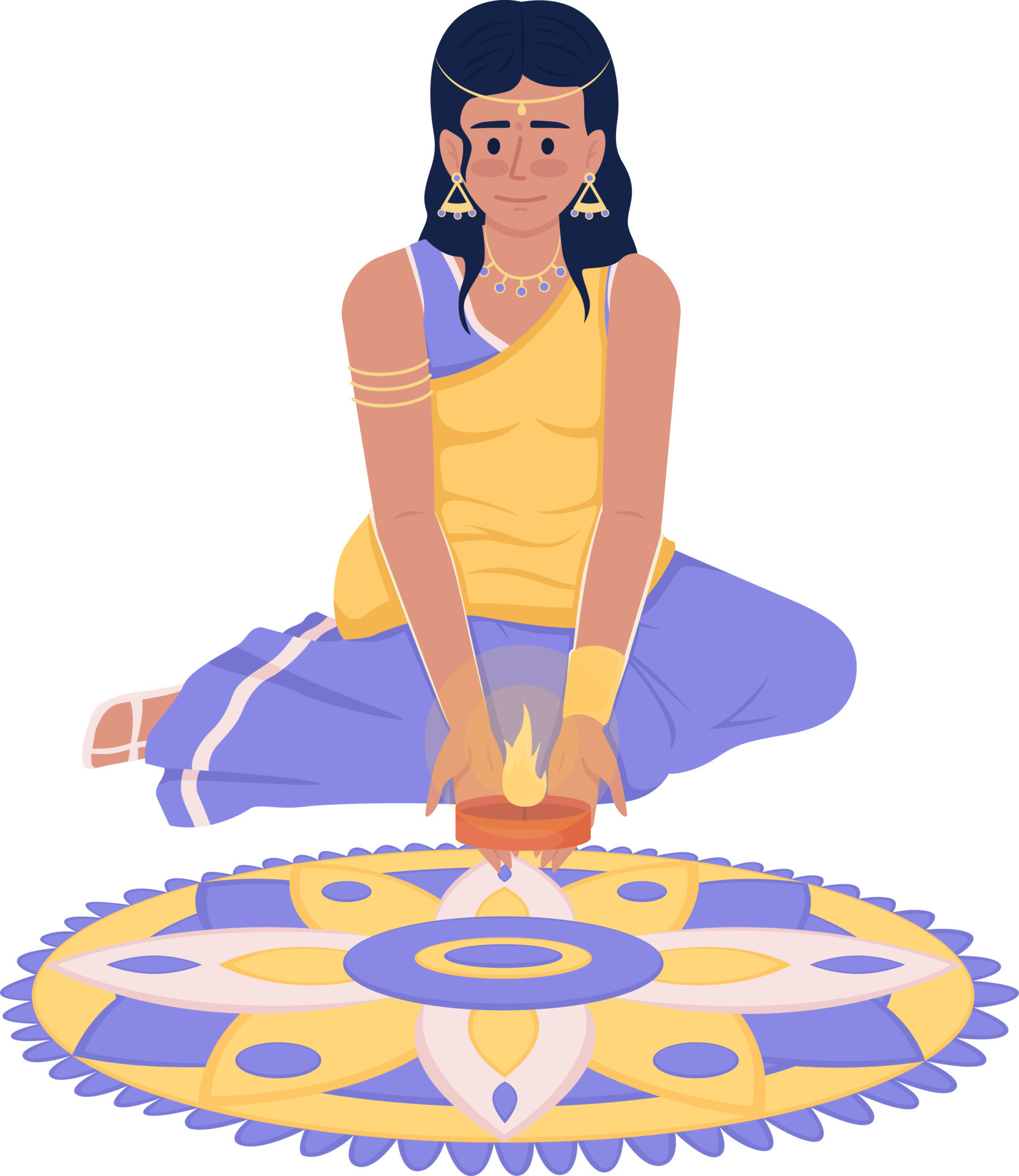 Pretty girl in sari putting candle on rangoli semi flat color vector  character. Editable figure. Full body person on white. Simple cartoon style  illustration for web graphic design and animation 12028104 Vector