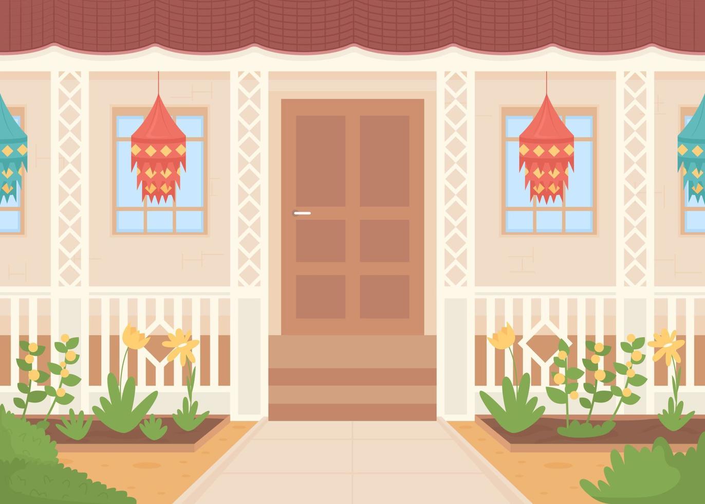 Ilustración de vector de color plano de casa decorada diwali. colgando linternas de papel afuera para el festival deepavali. paisaje urbano de dibujos animados simple 2d totalmente editable con exterior de la casa en el fondo