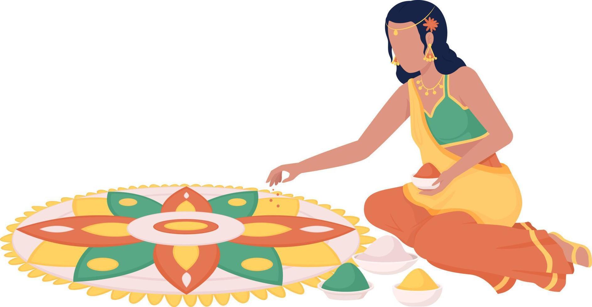 Woman in saree making rangoli pattern semi flat color vector character. Editable figure. Full body person on white. Simple cartoon style illustration for web graphic design and animation