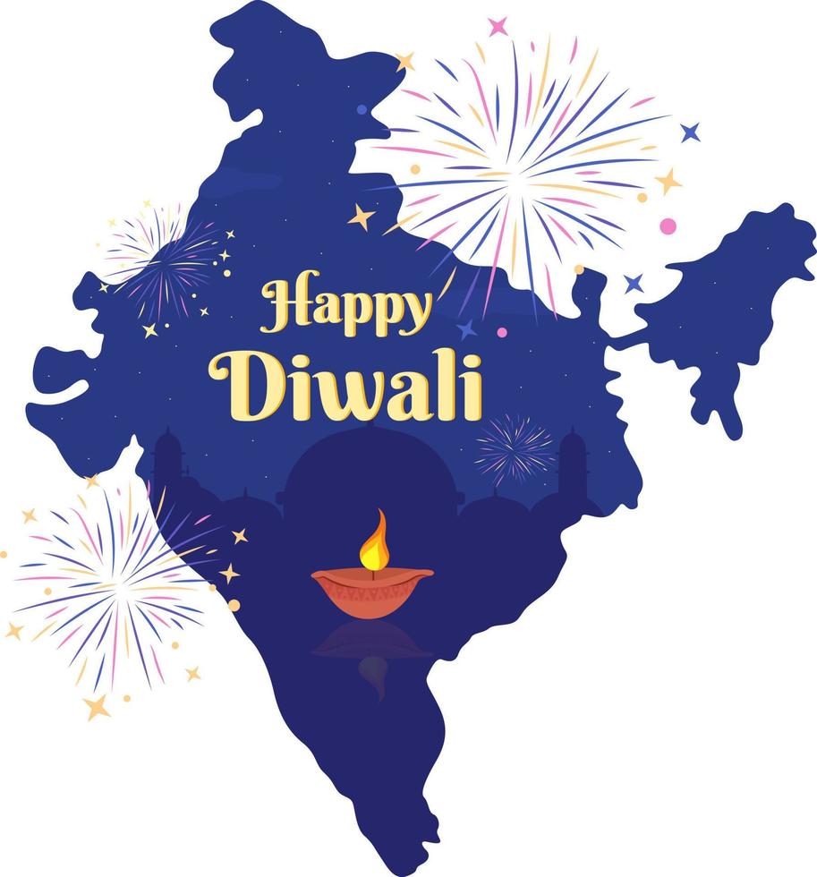 Happy Diwali 2D vector isolated illustration. Festival flat India map silhouette on cartoon background. Colourful editable scene for mobile, website, presentation