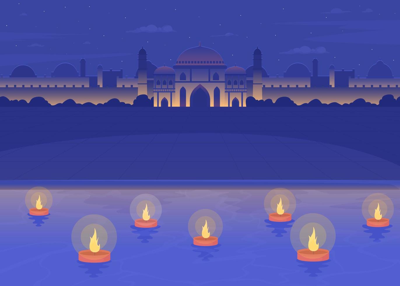 Diwali diyas floating in Ganges river flat color vector illustration. Burning candles in twilight. Indian temple architecture. Fully editable 2D simple cartoon landscape with Jal Mahal on background