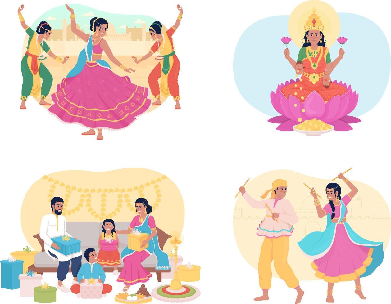 tradiciones durante diwali 2d vector conjunto de ilustraciones aisladas. costumbres deepavali. celebrando personajes planos en el fondo de dibujos animados. colorido paquete de escena editable para móvil, sitio web, presentación