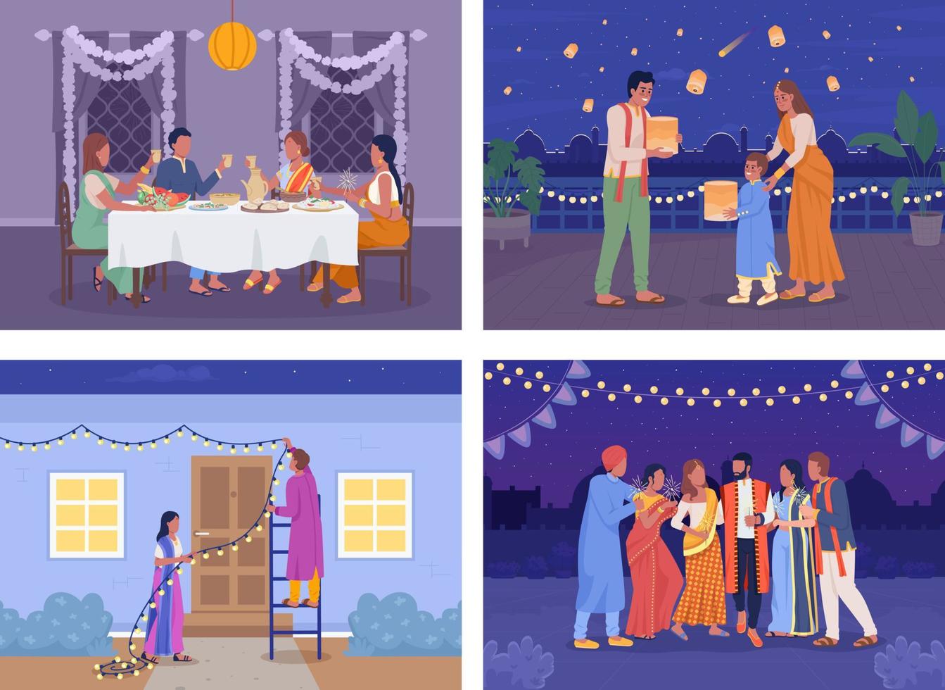 Diwali celebration flat color vector illustrations set. Indian traditions in modern life. Fully editable 2D simple cartoon characters with interior and exterior on background collection