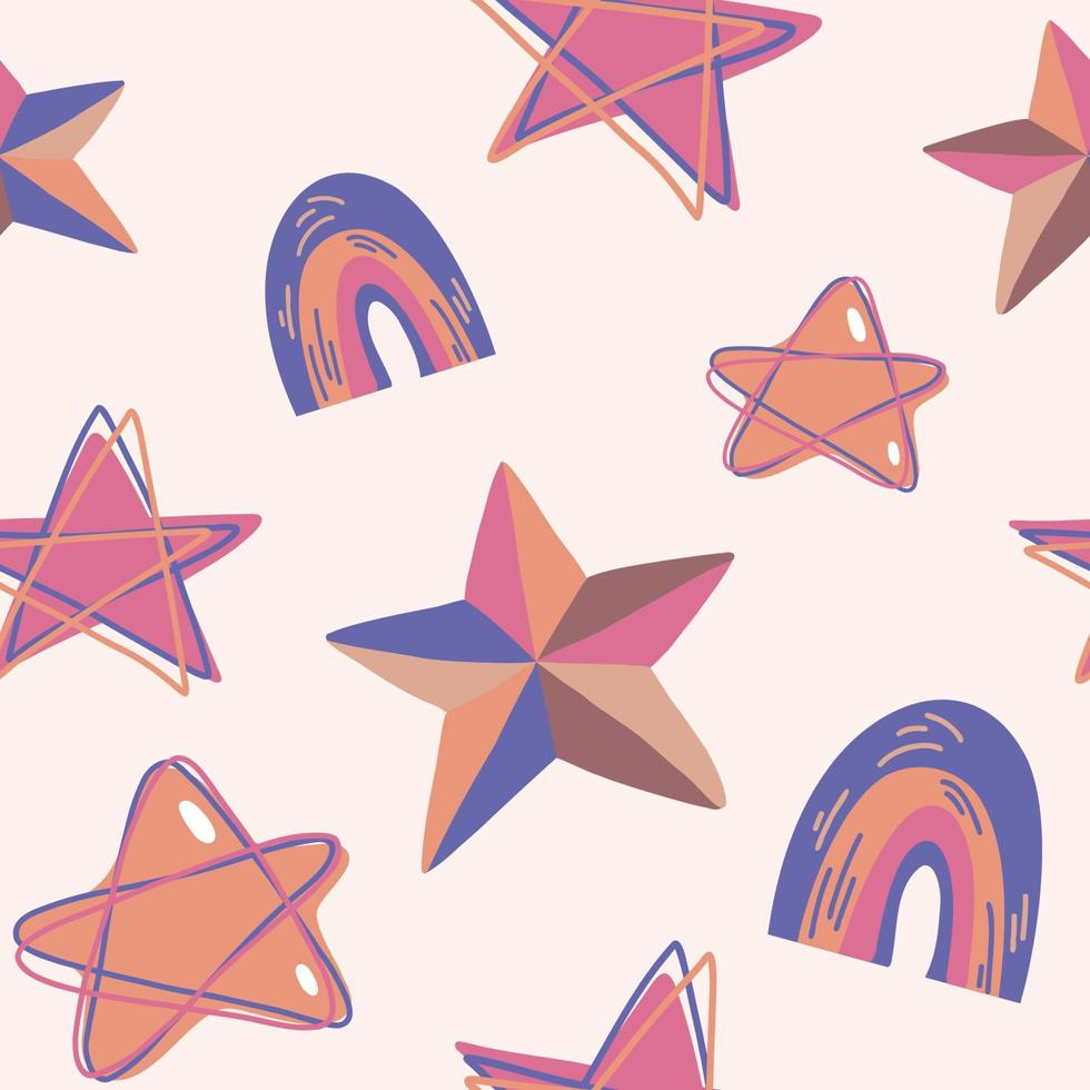 Rainbow and star seamless pattern. Colorful cute cartoon background for nursery decor. Hand drawn vector illustration