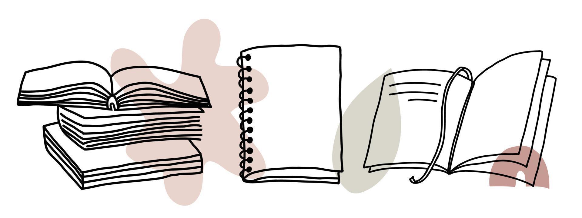 Reading aesthetic set. Stack of books, textbook, notebook line art vector illustration