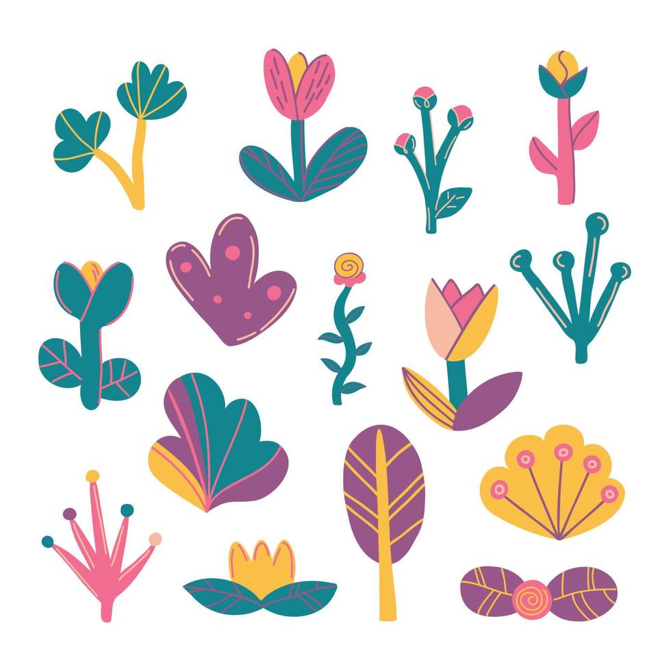 Vibrant cartoon flower set. Abstract colorful floral elements collection. Flat hand drawn vector illustration