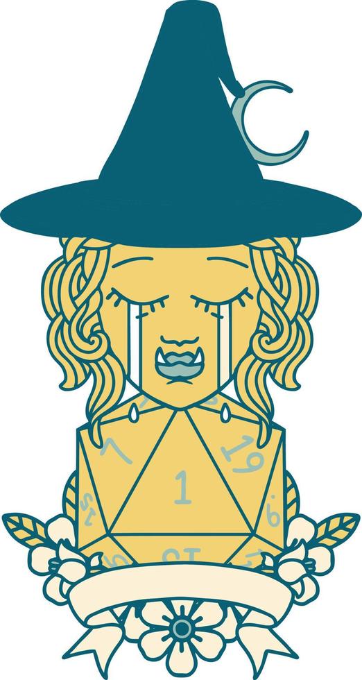 Retro Tattoo Style crying half orc witch character with natural one roll vector