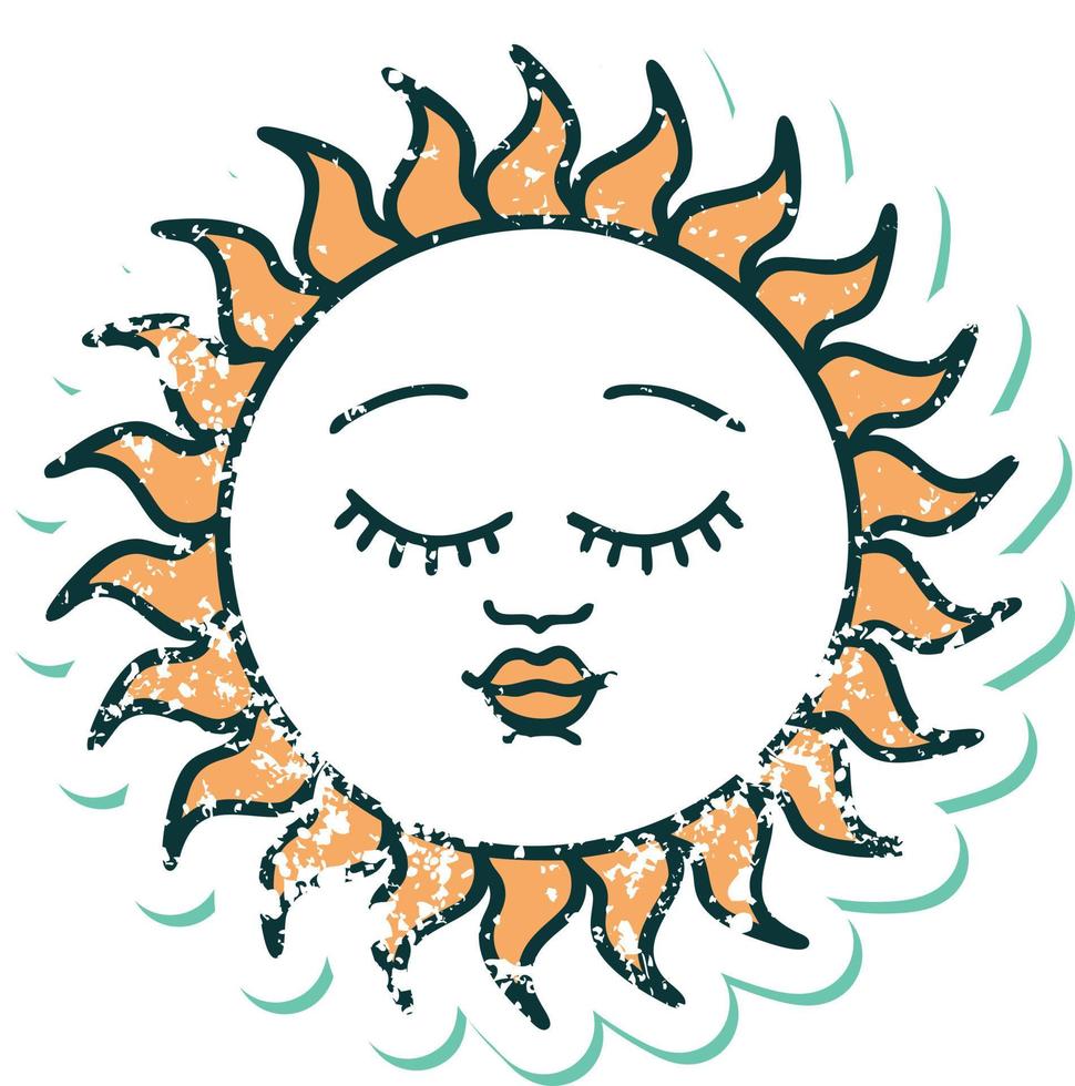iconic distressed sticker tattoo style image of a sun with face vector