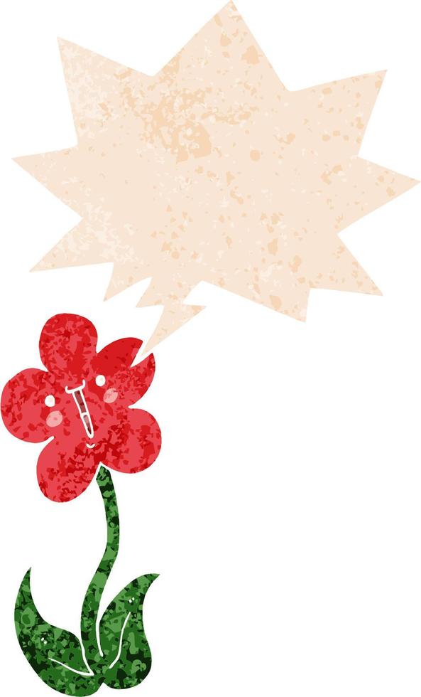 cartoon flower and speech bubble in retro textured style vector