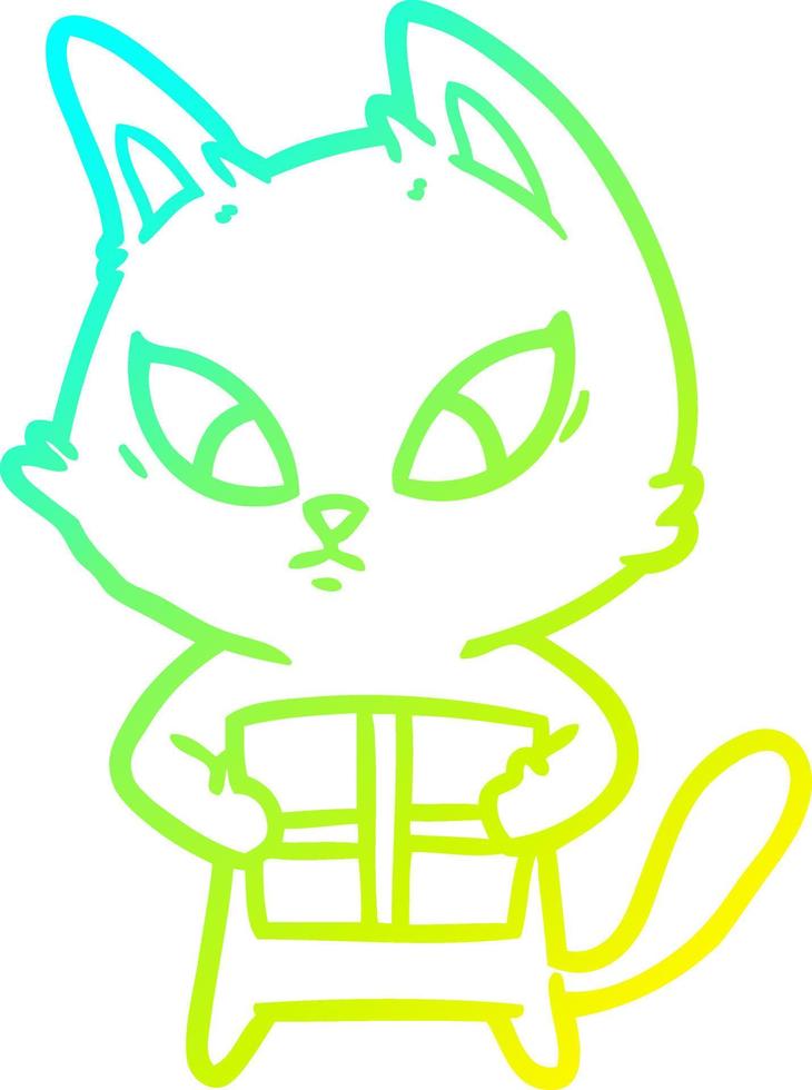 cold gradient line drawing confused cartoon cat with gift vector