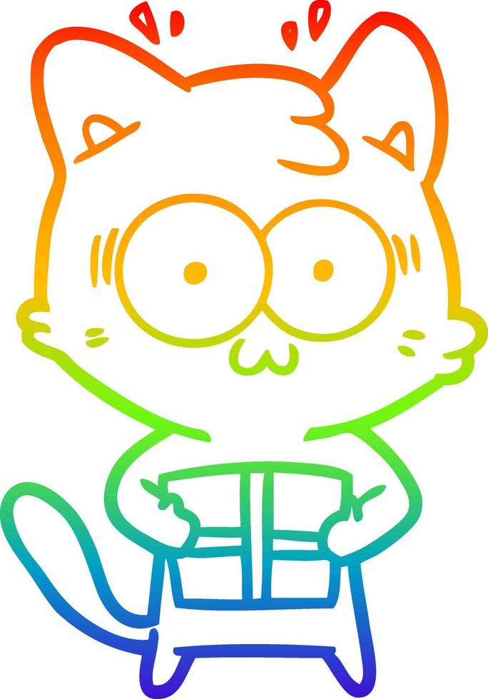 dibujo de línea de gradiente de arco iris gato sorprendido de dibujos animados con regalo de navidad vector
