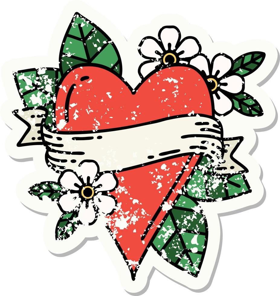 distressed sticker tattoo in traditional style of a heart and banner vector
