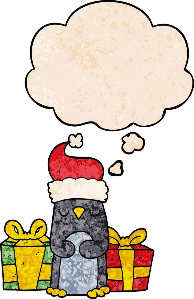 cute christmas penguin and thought bubble in grunge texture pattern style vector
