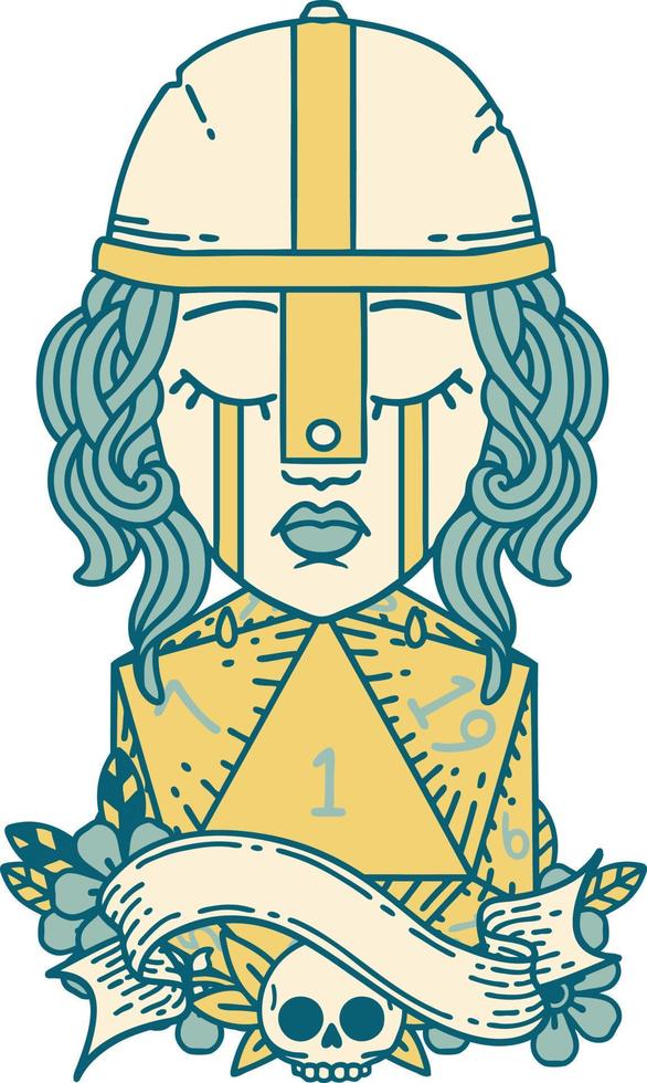 Retro Tattoo Style crying human fighter with natural one D20 dice roll vector