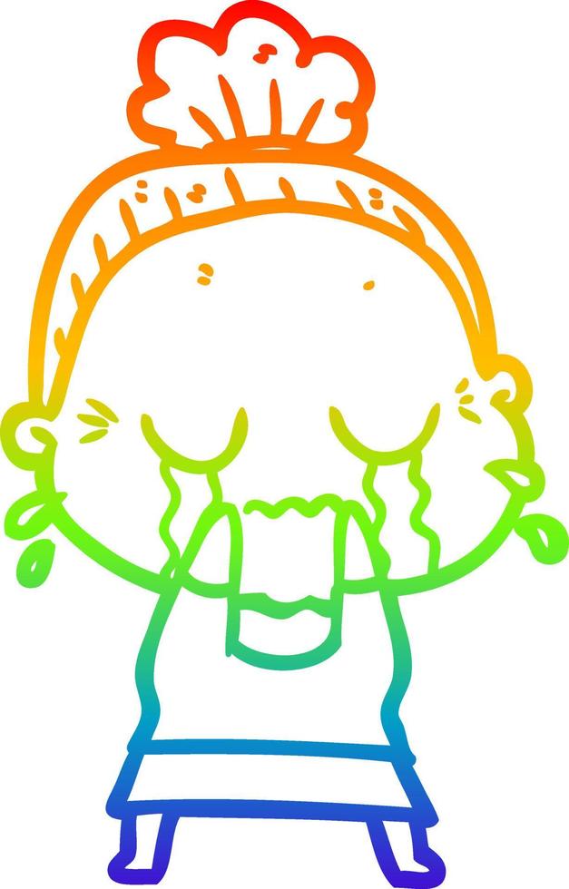 rainbow gradient line drawing cartoon crying old lady vector