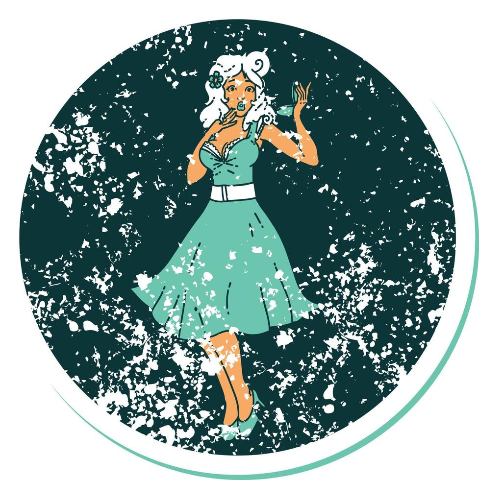 iconic distressed sticker tattoo style image of a pinup surprised girl vector