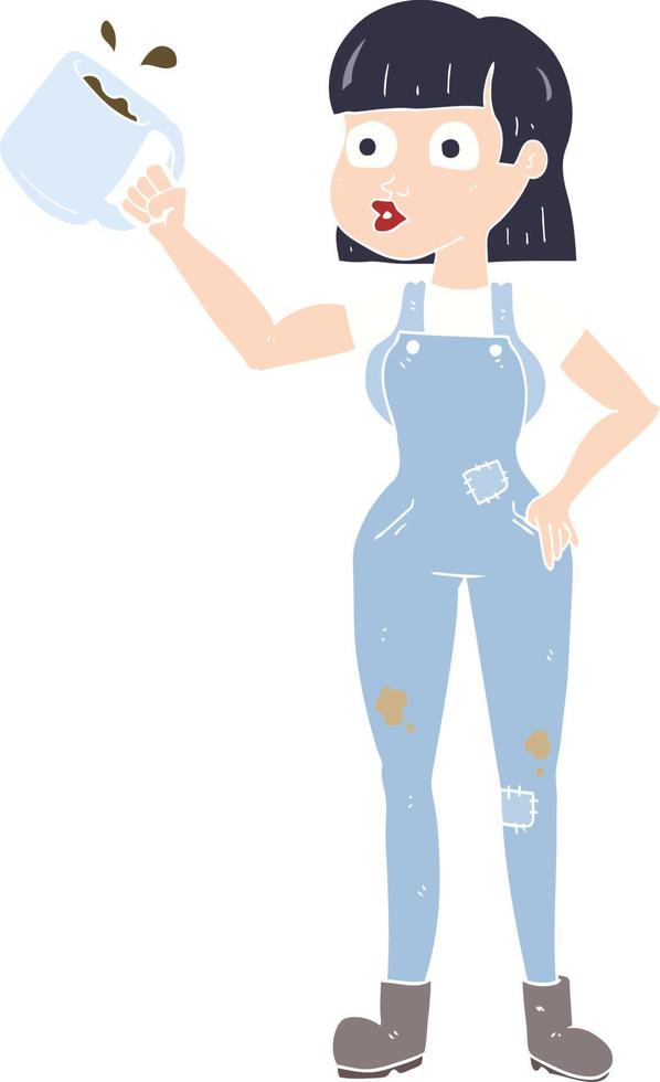 flat color illustration of female worker with coffee mug vector