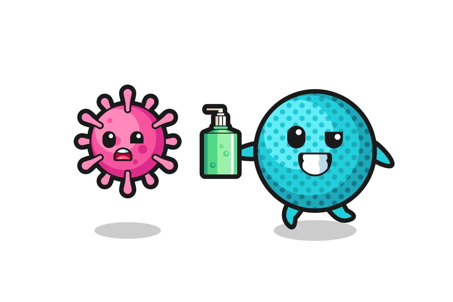 illustration of spiky ball character chasing evil virus with hand sanitizer vector