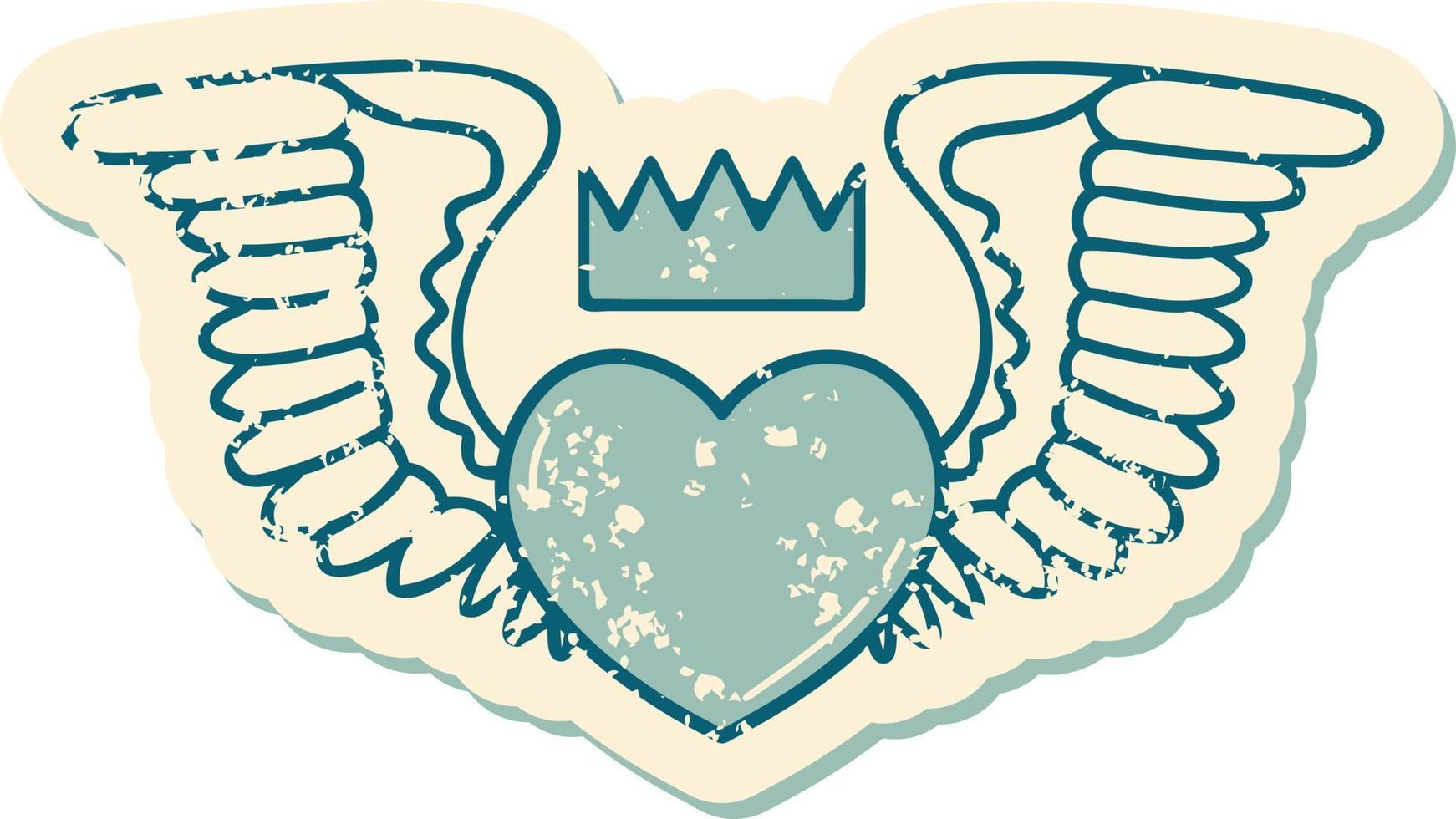 iconic distressed sticker tattoo style image of a heart with wings vector