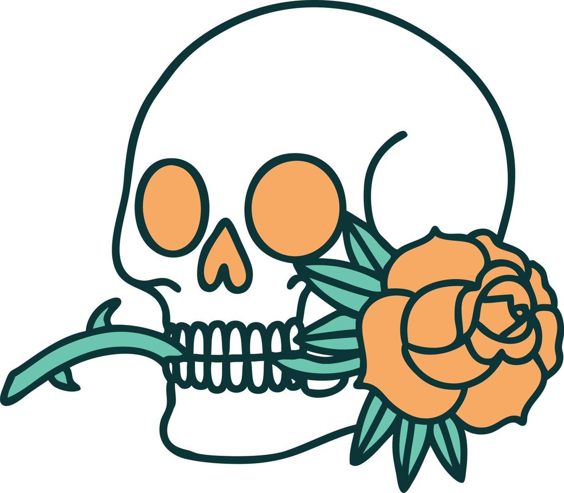 imagen icónica de estilo tatuaje de una calavera y una rosa vector